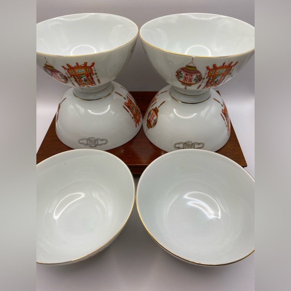 6 hand painted rice bowls. Made in Taiwan ROC red lantern w/ gold trim. - Picture 3 of 6